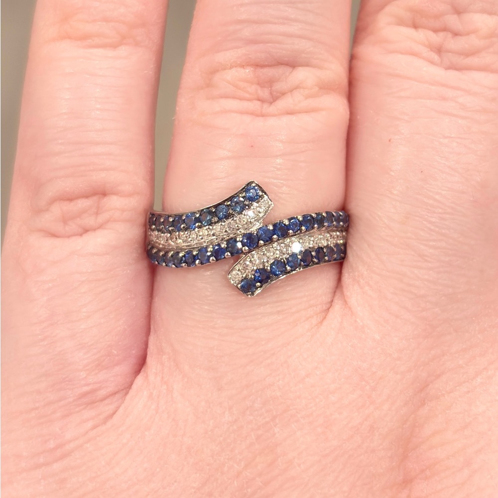 Vintage 14K Sapphire Diamond Ring, Natural Half Carat Blue Wave Size 7.25 - Picture 3 of 14